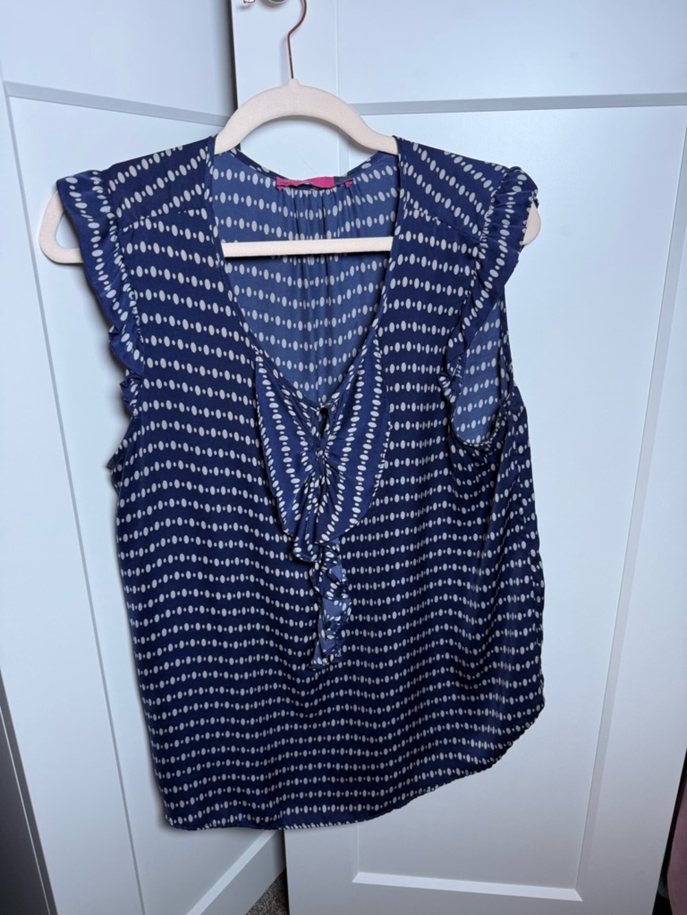 Women's Navy Dot-Print Tie-Front Ruffle Sleeve Blouse